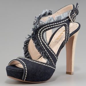 Prada Blue Denim Fringe Platform Open Toe Sandal